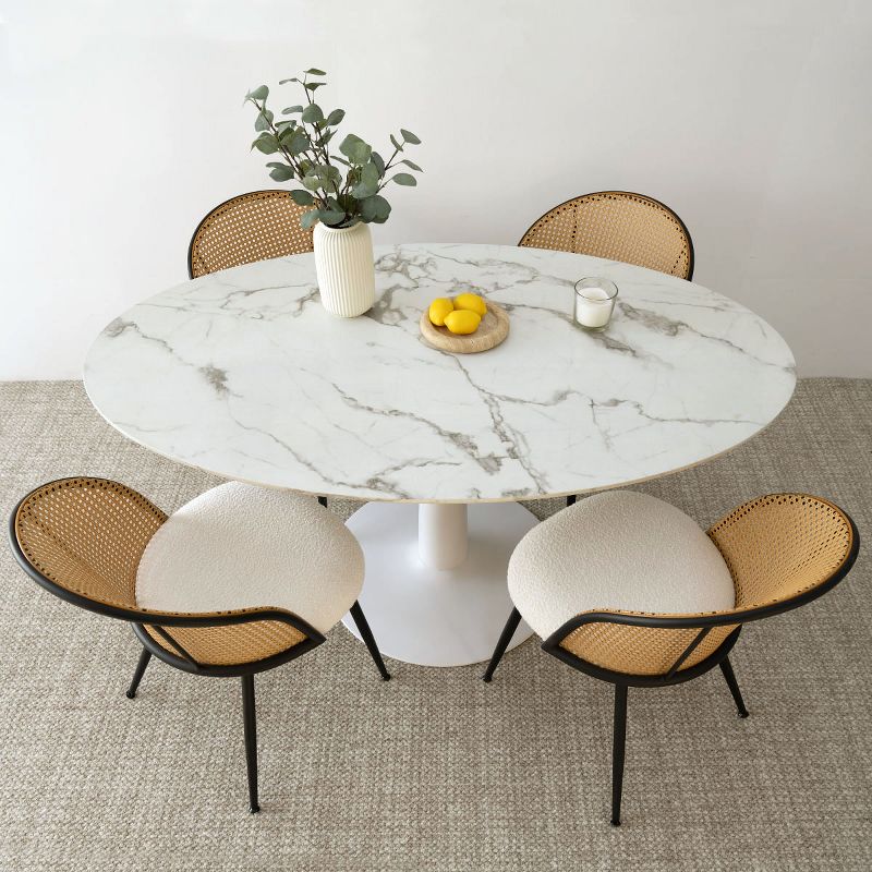 Modern Oval Dining Table Set For 4,Artificial Top Oval Dining Table with 59" and 4 White Bouclé Fabric Mesh Rattan Backrest Chair-Maison Boucle, 1 of 8
