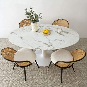 Modern Oval Dining Table Set For 4,Artificial Top Oval Dining Table with 59" and 4 White Bouclé Fabric Mesh Rattan Backrest Chair-Maison Boucle