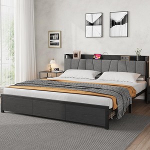 Platform Bed Frame with Headboard, Storage Drawers & Built-In Charging Station, Upholstered Metal Slat Bed, No Box Spring Needed, Easy Assembly - 1 of 4