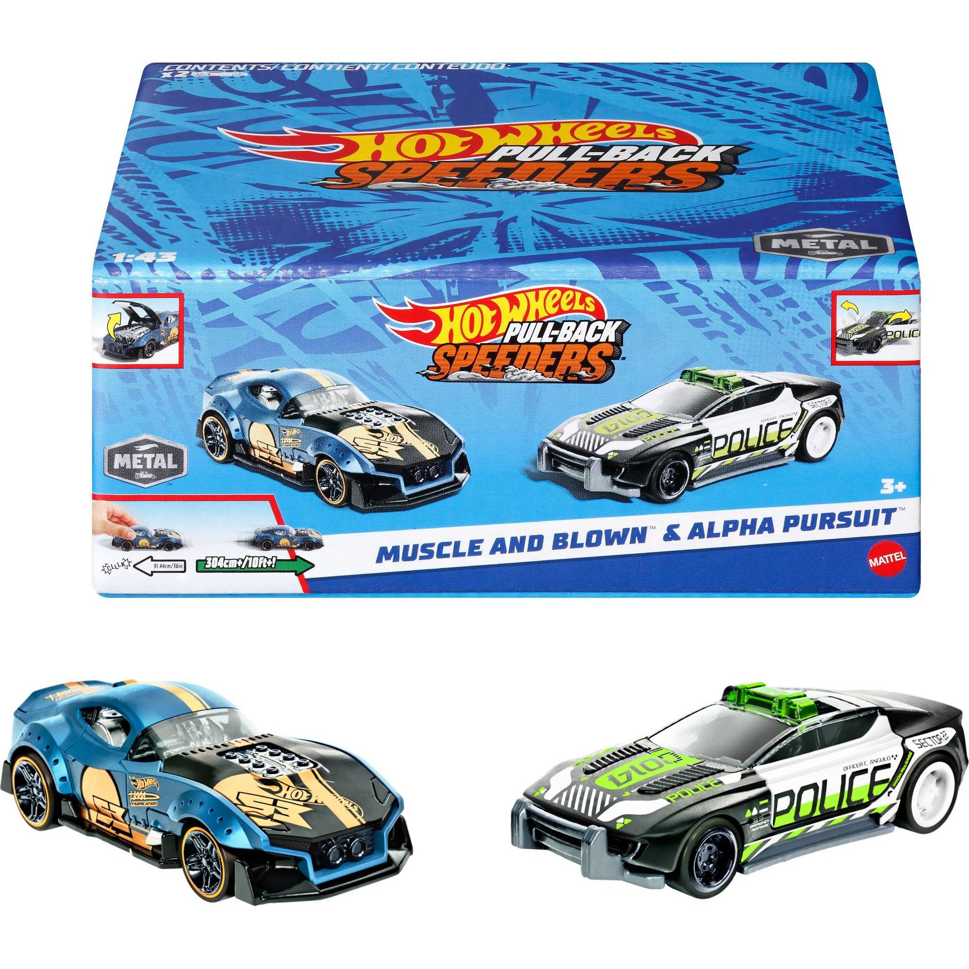 Hot Wheels Pull-Back Speeders 2 Toy Cars in 1:43 Scale Pull Cars Backward and Release to Race