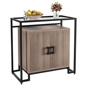 Three-Layer Wood Cabinet with Tempered Glass, Buffet Cabinet with with Black Steel Frame, Brown - 1 of 4