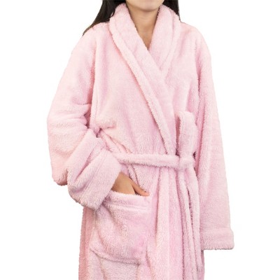 Dusty Rose Plush Fleece Long Bathrobe with Pockets