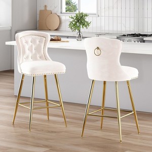 PexFix 2Pcs Bar Stools Velvet Counter Height Bar Stools with Metal Legs Button Tufted and Nailheads Trim Wing-Back Bar Chairs Beige - 1 of 4