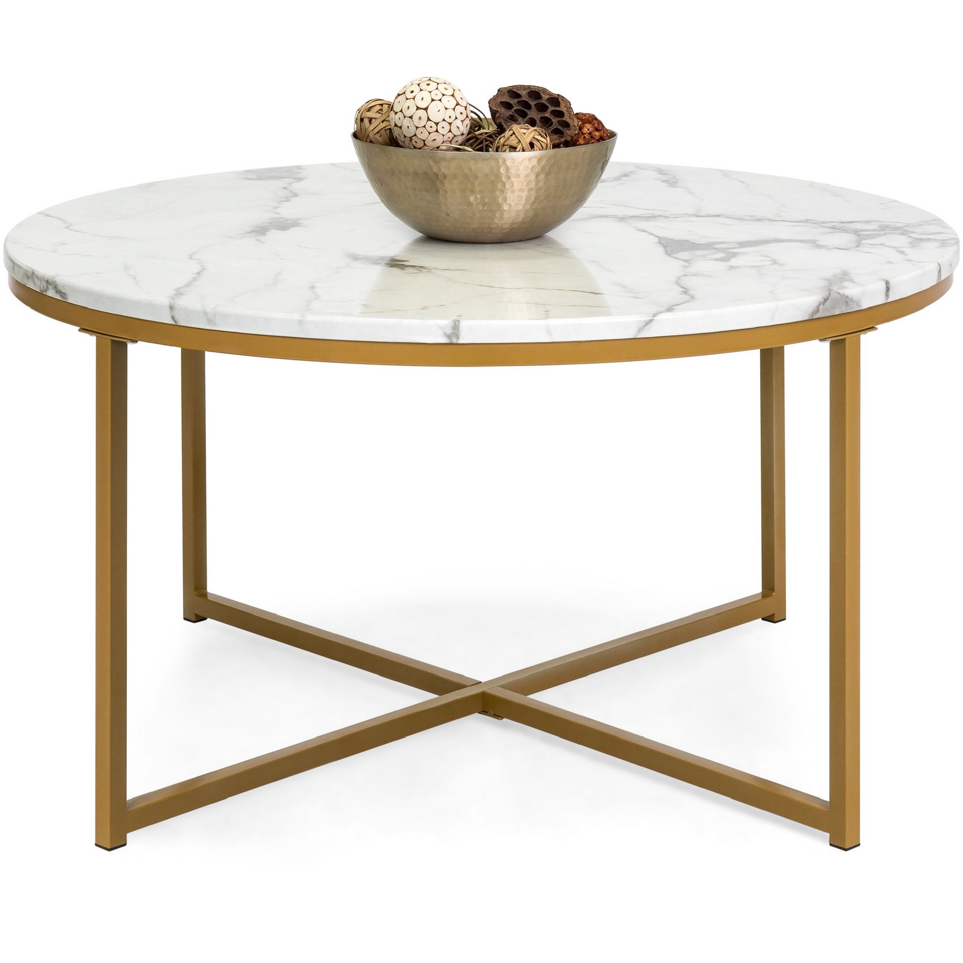 Best Choice Products 36in Faux Marble Modern Round Living Room Accent Coffee Table w/ Metal Frame - White/Bronze Gold