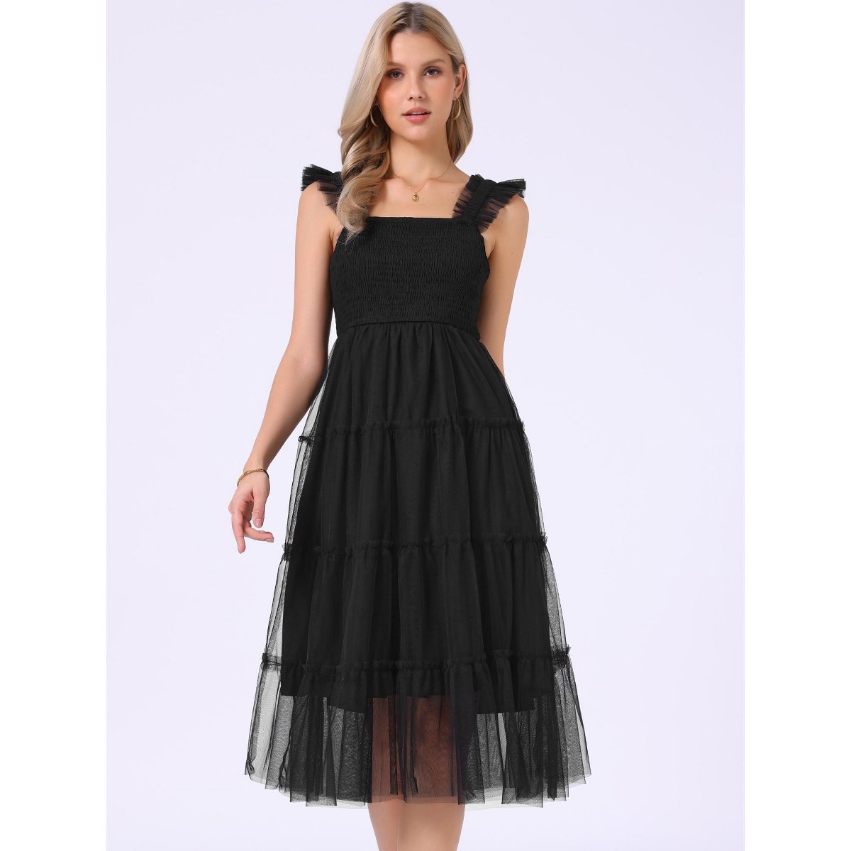 Женские платья INSPIRE CHIC Women's Summer Midi Sleeveless Smocked Square Neck Tiered Ruffled Wedding Guest Dress Medium Black — фото 3