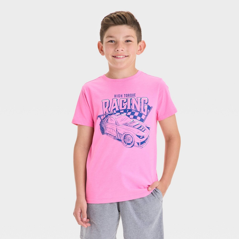 Boys' Short Sleeve Racing Graphic T-Shirt - Cat & Jack™ Pink S: Cotton Blend, Crew Neck, Vehicle Pattern, Machine Washable