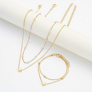 Anna-Kaci Women's Layered Necklace and Bracelet Set with Heart Charms and Pearl Accents - Gold - 1 of 4