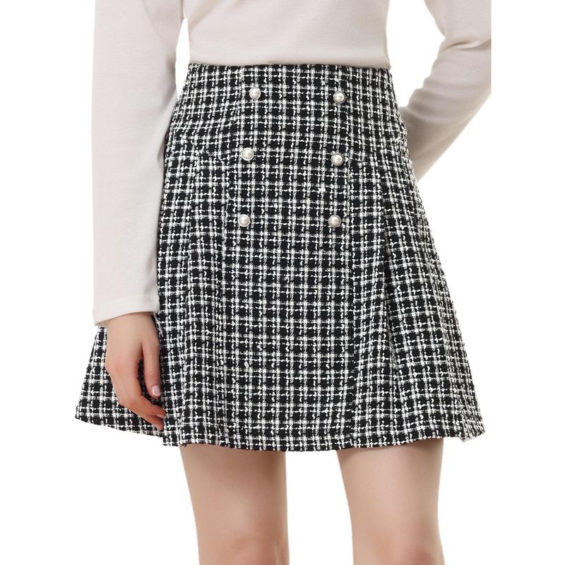 Allegra K Women's Plaid Tweed Elegant High Waist A-Line Button Front Mini Skirt, 1 of 7