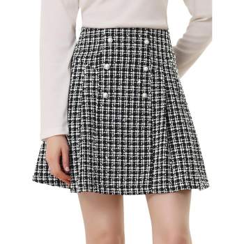 Allegra K Women's Plaid Tweed Elegant High Waist A-Line Button Front Mini Skirt