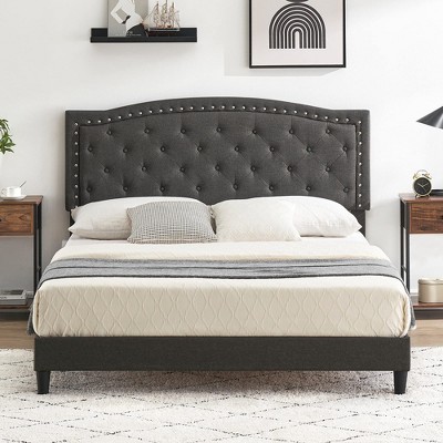 Full Bed Frame with Adjustable Headboard, Platform Bed Frame with Button-Tufted Headboard