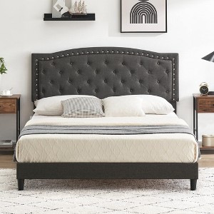 Full Bed Frame with Adjustable Headboard, Platform Bed Frame with Button-Tufted Headboard - 1 of 4