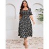 Womens Puff Sleeve Summer Floral Dress Plus Size Smocked Ruffle Square Neck Casual Dress Cute Midi Dress Black Flower 1XL - 2 of 4