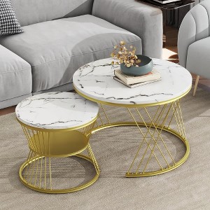 Nesting Coffee Table Set of 2, Brown Tempered Glass, High Gloss Marble Tabletop, 2 Drawers, Golden Frame, Round Center Table for Home, Office - 1 of 4
