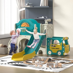 Sandinrayli 9 in 1 Toddler Slide, Bus-Themed Kids Slide and Climber Playset Green+yellow - 1 of 4