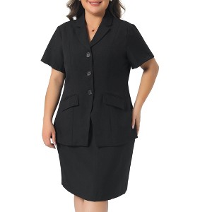 Women's Plus Size 2 Piece Short Sleeve Blazer and Pencil Skirts Business Formal Skirt Suit Set with Pocket - Agnes Orinda - 1 of 4