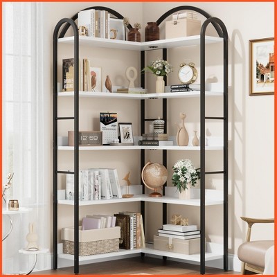 Arched Corner Bookshelf 68.5" Tall, Industrial Wood & Metal Bookcase for Home Office, 5-Tier Storage Shelf