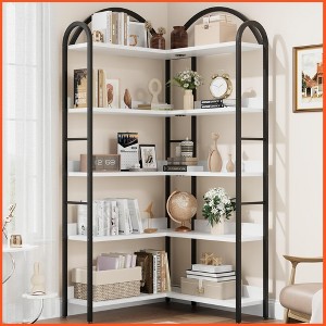 Arched Corner Bookshelf 68.5" Tall, Industrial Wood & Metal Bookcase for Home Office, 5-Tier Storage Shelf - 1 of 4