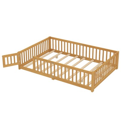 SEVOBAL Kids Bedroom Twin Size Floor Bed Frame With Safety Guardrails Door Removable Slats No Box Spring Needed for Kids, Brown, 64.76"*20.47"*7.28"
