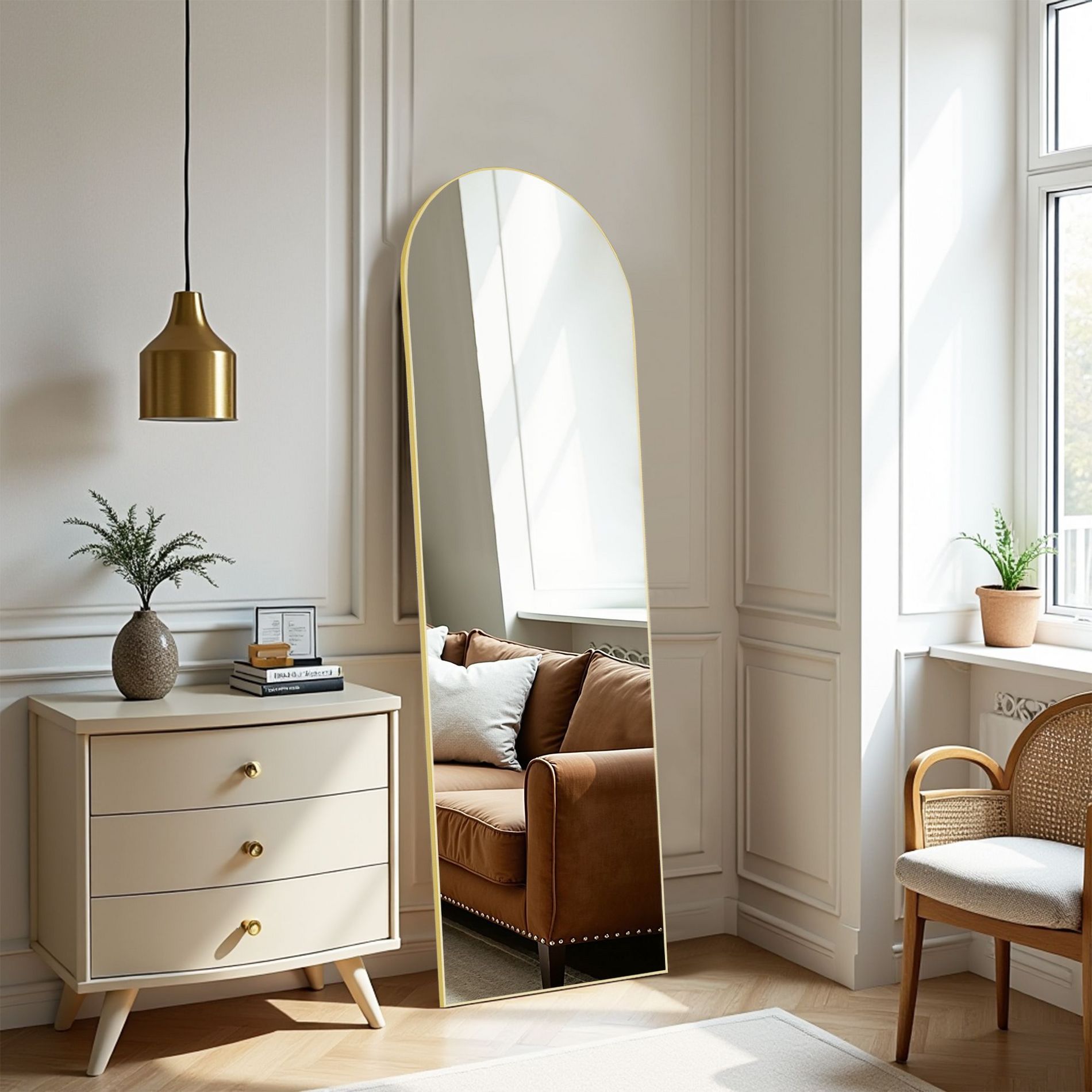 64 Inch Arched Right Angle Floor Standing Full-Length Mirror, Wall Mirror with Bracket Aluminum Alloy Thin Frame