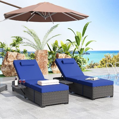 2 PCS Patio Chaise Lounge Chairs, Recliner Chairs with Side Foldable Tabletop, Reclining Chair with Adjustable Backrest Cushions for Poolside