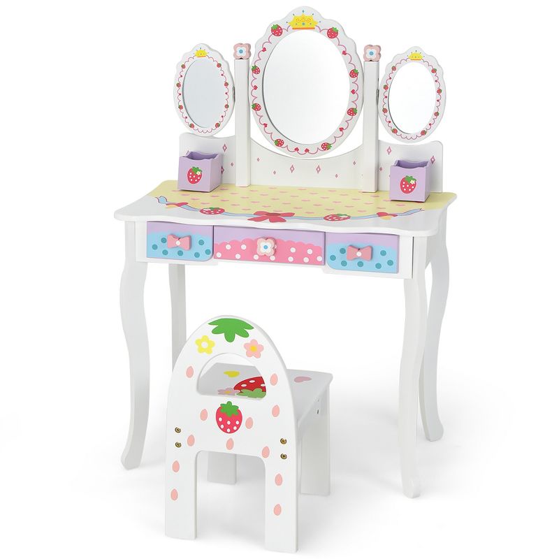 Costway Kids Vanity Princess Makeup Dressing Table Chair Set w/ Tri-fold Mirror White, 2 of 11