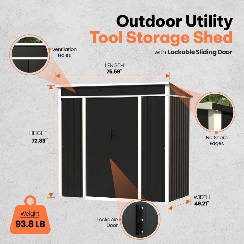 AOBABO Metal 6' x 3' Outdoor Utility Tool Storage Shed with Roof Slope Design, Door and Lock for Backyards, Gardens, Patios, and Lawns, Black, 3 of 8