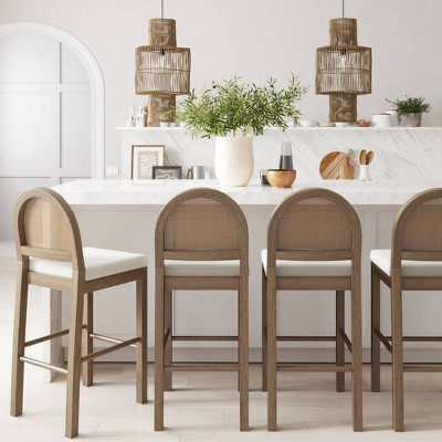 Bailey Light Brown Boucle Upholstered Bar Stools with Rattan Back, Set of 4