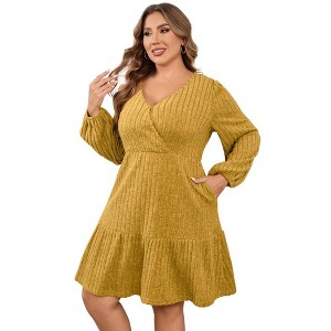 Women's Plus Size V Neck Cable Knit Sweater Dress Long Sleeve Oversized Casual Pullover Midi Dress with Belt - 1 of 1