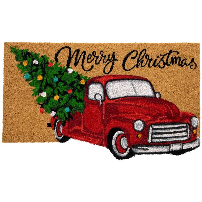 Northlight Red and Green Vintage Truck "Merry Christmas" Outdoor Natural Coir Doormat 18" x 30", 1 of 7