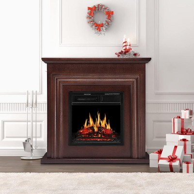 ZAFRO Electric Fireplace Mantel Wooden Surround Firebox, 36" Brown TV Stand with Freestanding , Adjustable Led Flame, 750W/1500w