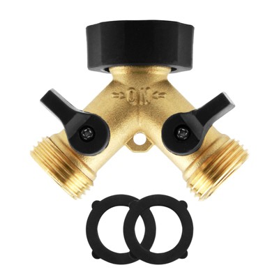Infurnic Hose Nozzles and Wands Garden Hose Splitter 2 Way Heavy Duty, Brass Garden Hose Adapter, Hose Bib Splitter with 2 Extra Rubber Washers