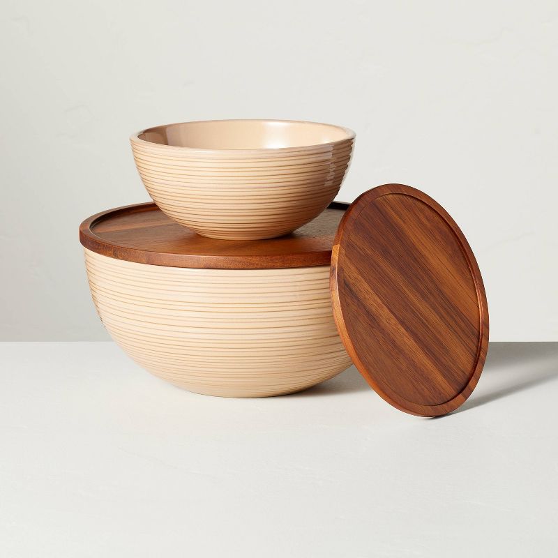 Ribbed Stoneware Serving Bowls with Wood Lids Blush/Brown (Set of 2) - Hearth &#38; Hand&#8482; with Magnolia, 4 of 12