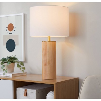 LumiSource Cylinder Ash 27" Contemporary Wood Table Lamp Ash Wood, Antique Brass, and White Linen