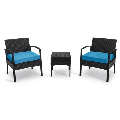 3pc Wicker Rattan Patio Conversation Set - Blue - EDYO LIVING