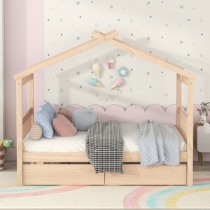 CAVINAS Twin/Full Size House Bed Frame with Drawers,Solid Wood Floor Bed for Kids Room,Bedroom - 1 of 4