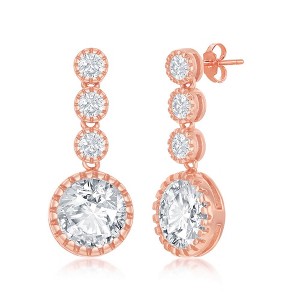 Bella Silver Sterling Silver Round CZ Dangling Earrings - Rose Gold Plated - Rose - 1 of 2