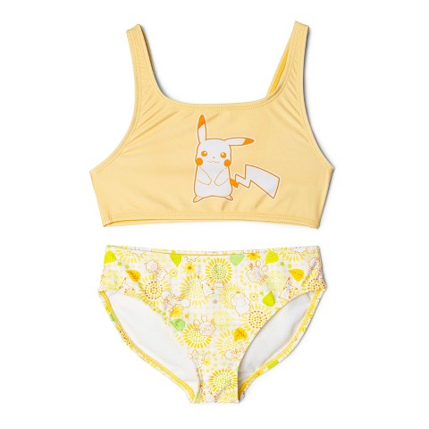 Pokemon Little Girls Square Neck Bikini Top and Bottom UPF 50+ Swim Set Gingham Butter Yellow / Lime Green 7-8