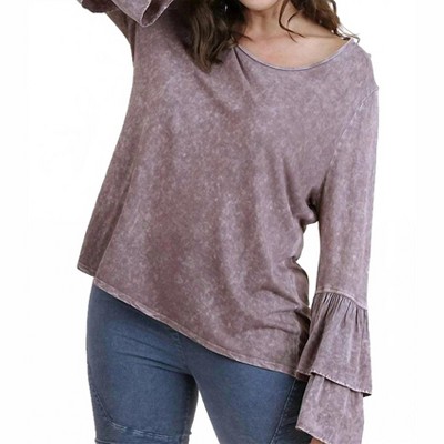 Women's Mineral Washed Layered Ruffled Bell Sleeve Top - Plus - umgee