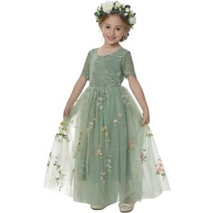2Bunnies Girls 3-10Y Floral Garden Embroidered Tulle Lace Girl Dress Short Sleeve Maxi - 1 of 4