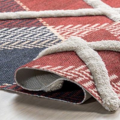 Handmade Red and Dark Blue Wool 4' x 6' Plaid Area Rug