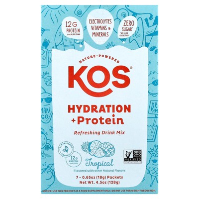 KOS Hydration + Protein, Refreshing Drink Mix, Tropical , 7 Packets, 0.65 oz (18 g) Each