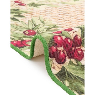 Beige and Green Oval Floral Synthetic Outdoor Rug