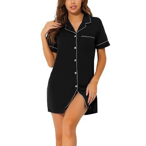 cheibear Women's Notched Collar Button Down Pajama Shirt Dress with Pocket - 1 of 4
