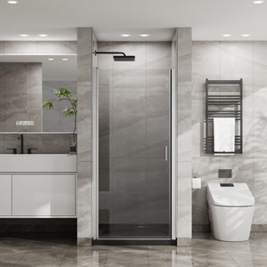 VYNXARIA 34"x72" Pivot Shower Door Combo w/ 35.4" Black Acrylic Shower Base, Chrome Aluminum Finish, Semi-Frameless Tempered Glass Design - 1 of 4