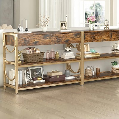 Sofa Table  with Drawers, Console Table Set of 2 , Narrow Entryway Table with 3-Tier Storage Shelves, End Table for Living Room Hallway Foyer Kitchen