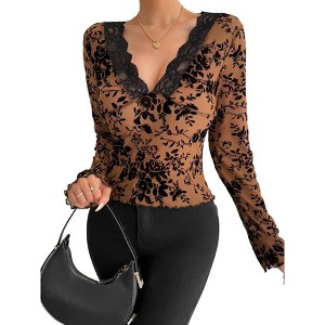 Coolmee Women's Lace Long Sleeve Tops Deep V Neck Bell Sleeve Crop Going Out Top Sheer Slim Fitted T Shirt - 1 of 4