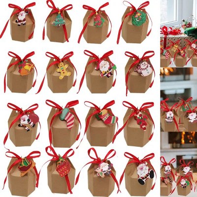24 Pcs Christmas Treat Boxes with Cards and Ribbon, Kraft Paper Gift Box for Candy Cookies, Party Favors for Xmas Birthday Wedding