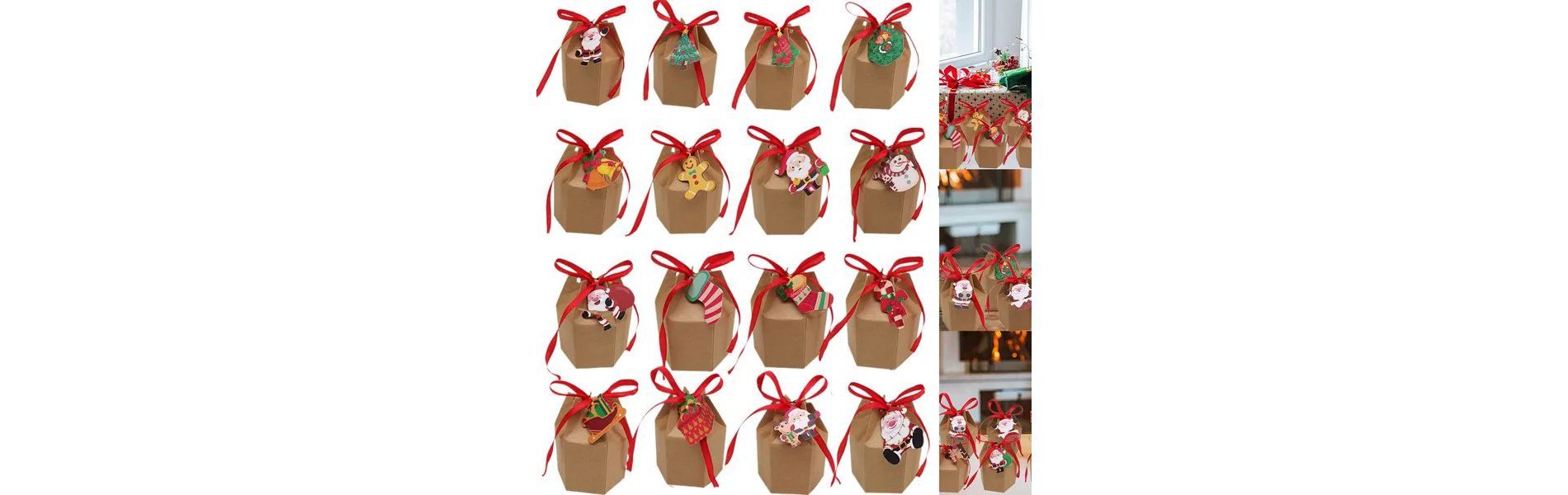 24 Pcs Christmas Treat Boxes with Cards and Ribbon, Kraft Paper Gift Box for Candy Cookies, Party Favors for Xmas Birthday Wedding
