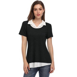 Coolmee Women Summer Tops Short Sleeve Contrast Collared Shirts Patchwork Work Blouse Tunics Tops - 1 of 4