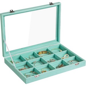 35-Grid Velvet Jewelry Tray with Clear Lid, Drawer Insert Organizer for Earrings & Rings, 13.8x9.5x2 Inches - 1 of 4